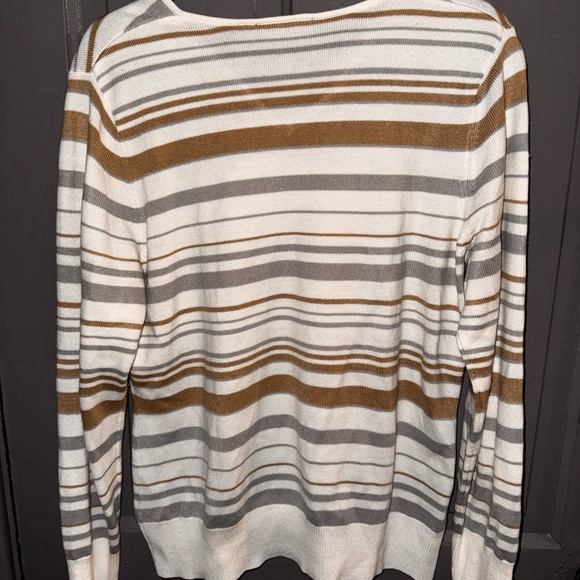 Women Striped V-Neck Sweater - White, Gray, and Brown - Picture 3 of 3